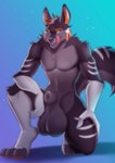 animal_genitalia anthro balls belly big_balls big_ears black_body black_fur black_nose blue_claws blue_eyes claws crouching digitigrade eyebrows fully_sheathed fur genitals gloves_(marking) grey_balls grey_belly grey_body grey_fur grey_sheath hair hand_on_leg hand_on_thigh heavy_balls huge_balls inviting kneeling licking_mouth looking_at_viewer male markings multicolored_body multicolored_ears multicolored_fur multicolored_hair multicolored_tail neck_tuft nude orange_body orange_eyebrows orange_fur orange_pawpads pawpads seductive shadow sheath simple_background smile solo stripes tail text tongue tongue_out tuft white_body white_fur white_stripes mike202112 athoswolf1337 canid canine canis mammal wolf 2022 absurd_res detailed digital_media_(artwork) hi_res shaded url