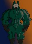 abs anthro big_muscles blood bodily_fluids dried_blood ears_up fluffy fur green_body green_fur looking_at_viewer male mask muscular muscular_anthro muscular_male muscular_thighs pecs solo standing fluffybeeboy zephyr_(fluffybeeboy) unknown_species colored hi_res