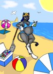 anthro armor ball beach beach_ball beach_towel beach_umbrella belly bikini blue_hair breasts clothing cooler female hair hard_hat headgear helmet inflatable parasol pregnant seaside shovel solo sun swimwear tools towel two-piece_swimsuit water danellz mewse domestic_cat felid feline felis mammal digital_media_(artwork)