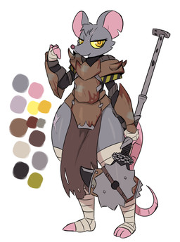 3_toes 4_fingers anthro armor black_clothing black_shirt black_topwear bottomwear breastplate brown_bottomwear brown_clothing brown_loincloth buckteeth clothing feet femboy fingers foot_wraps hand_wraps holding_object holding_weapon leg_scar leg_wraps loincloth looking_at_viewer male notched_ear orange_eyes orange_pupils pink_inner_ear pink_nose pupils raised_hand scar shirt shoeless simple_background smile smirk solo teeth thick_thighs toes topwear weapon white_background wide_hips wraps yellow_sclera miso_souperstar mammal murid murine rat rodent 2026 absurd_res digital_media_(artwork) hi_res model_sheet