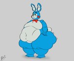 anthro belly big_belly big_butt big_moobs black_eyebrows black_nose blue_body blue_ears bow_tie buckteeth butt eyebrows eyelashes green_eyes grey_background huge_belly huge_butt huge_thighs machine male moobs morbidly_obese motion_lines multicolored_body navel obese obese_anthro obese_male overweight overweight_anthro overweight_male red_bow_tie red_cheeks scut_tail short_tail simple_background solo tail teeth thick_thighs three-quarter_view two_tone_body white_body white_inner_ear white_tail blorp_(artist) five_nights_at_freddy's five_nights_at_freddy's_2 scottgames toy_bonnie_(fnaf) animatronic lagomorph leporid mammal rabbit robot robot_anthro 2023 colored digital_media_(artwork) hi_res shaded signature