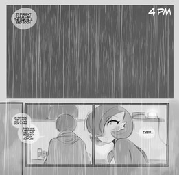 clothing dialogue duo eyelashes female hair hair_over_eye hoodie male not_furry raining text topwear window saltyxodium nintendo pokemon gardevoir generation_3_pokemon human mammal pokemon_(species) 2024 digital_media_(artwork) english_text hi_res monochrome