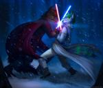 anthro black_body black_fur blue_lightsaber clothed clothing duel duo fight fur green_eyes green_hair green_nose hair lightsaber male melee_weapon red_eyes red_hair red_lightsaber snow snowing standing weapon angiewolf star_wars canid canine mammal 2018 digital_drawing_(artwork) digital_media_(artwork)