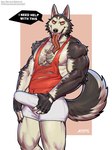 anthro biped black_body black_fur clothing erection erection_under_clothing fur genitals holding_penis long_tongue looking_at_viewer male multicolored_body multicolored_fur muscle_shirt penis red_clothing red_eyes red_shirt red_tank_top red_topwear shirt solo talking_to_viewer tank_top tongue tongue_out topwear two_tone_body two_tone_fur white_body white_fur amon-sydonai creepypasta salem_(amon-sydonai) smile.dog canid canine canis domestic_dog husky mammal nordic_sled_dog spitz 2025 digital_media_(artwork) hi_res portrait three-quarter_portrait