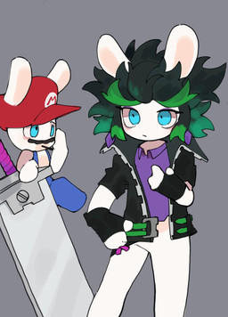 amethyst_(gem) anthro belt black_clothing black_facial_hair black_hair black_handwear black_mittens black_mustache blue_clothing blue_eyes blue_overalls bottomless bottomless_anthro bottomless_female closed_frown clothed clothed_anthro clothed_female clothed_male clothing duo ear_piercing eyebrows eyelashes facial_hair featureless_crotch female female_anthro frown gem green_belt green_eyebrows green_hair grey_background hair hand_on_hip hand_on_own_hip handwear hat headgear headwear jacket larger_anthro larger_female light long_ears male male_anthro melee_weapon mitten_hands mittens mouth_closed multicolored_hair mustache noseless open_belt open_clothing open_jacket open_topwear overalls piercing purple_clothing purple_ear_piercing purple_eyelids purple_shirt purple_topwear red_clothing red_hat red_headwear shirt shirtless_anthro shirtless_male short_hair simple_background size_difference smaller_anthro smaller_male spiky_hair standing sword tan_inner_ear thick_eyebrows toothpick toothpick_in_mouth topwear two_tone_hair weapon worried_look renballball mario_bros mario_plus_rabbids_kingdom_battle mario_plus_rabbids_sparks_of_hope nintendo raving_rabbids rayman_(series) ubisoft edge_(mario_plus_rabbids) rabbid_mario lagomorph mammal rabbid 2023 colored crossover digital_drawing_(artwork) digital_media_(artwork) hi_res lighting shaded