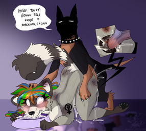 animal_genitalia animal_penis animal_vulva anthro anthro_on_feral anthro_penetrated anus bestiality bite_mark blush bodily_fluids bowl breasts butt canine_genitalia canine_penis container cum cum_as_food cum_in_bowl cum_in_container cum_in_vagina cum_inside dialogue duo ear_piercing erection female female_anthro female_penetrated feral feral_penetrating feral_penetrating_anthro forced fur genital_fluids genitals hair humiliation knot knotted_penis male male/female male_feral male_penetrating male_penetrating_female nipples nude orange_hair orientation_play penetration penile penis piercing scratches sex simple_background speech_bubble tail tail_mouth talking_feral tan_body tan_fur tattoo text unusual_anatomy unusual_tail vaginal vaginal_penetration vulva bublijoestar fan_character nico_(bublijoestar) woodbinka_(woodbinka) canid canine canis dobermann domestic_dog mammal pinscher procyonid raccoon absurd_res digital_media_(artwork) english_text hi_res trans_(lore) trans_woman_(lore)