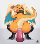 ambiguous_gender anal anal_penetration ball_gag bodily_fluids butt clothing collar dildo dildo_in_ass dildo_insertion dildo_sitting dragonite drooling feral gag gagged generation_1_pokemon hi_res latex latex_clothing latex_legwear latex_stockings legwear looking_at_viewer looking_back looking_back_at_viewer male_(lore) membrane_(anatomy) membranous_wings n1k0 nintendo object_in_ass penetration pokemon pokemon_(species) presenting presenting_hindquarters rear_view saliva sex_toy sex_toy_in_ass sex_toy_insertion simple_background solo stockings sweat tailbutt wings