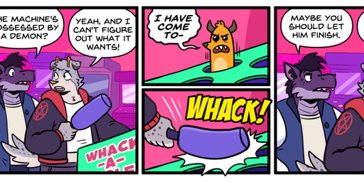 ambiguous_gender anthro arcade border clothing dialogue horn humor jacket joke letterman_jacket male possession text topwear whack-a-mole white_border tredlocity jaz_(laughingboye) nbdog demon humanoid comic english_text