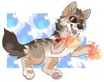 feral fire fur grey_body grey_fur open_mouth paws quadruped simple_background smile solo tan_body tan_fur teeth tongue citrinelle canid canine mammal 2016 digital_media_(artwork)