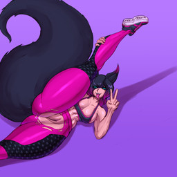 animal_ears black_hair breasts clothed clothing female flexible fluffy fluffy_tail footwear genitals gesture hair hand_gesture looking_at_viewer lying one_leg_up pink_clothing pupils purple_background raised_leg shadow shoes simple_background solo splits spread_legs spreading standing tail torn_clothing v_sign vertical_splits vulva saidra animal_humanoid humanoid 1:1 absurd_res hi_res