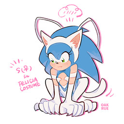 1:1 anthro biped black_nose blue_hair capcom claws cosplay crossgender darkstalkers eulipotyphlan eyelashes fake_cat_ears fake_ears felicia_(darkstalkers) female flat_chested fur green_eyes hair hedgehog looking_down mammal mtf_crossgender oakrue sega simple_background sitting solo sonic_the_hedgehog sonic_the_hedgehog_(series) white_background white_body white_fur