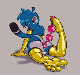 anal_beads anal_fluids anthro backsack balls blue_body bodily_fluids butt clothing covered_eyes feet genitals glistening glistening_body gloves hair hair_over_eyes hand_on_ground handwear latex latex_clothing latex_gloves latex_handwear latex_legwear latex_thigh_highs legwear looking_away lying male on_front presenting presenting_hindquarters sex_toy solo tail thigh_highs toes owy ooky_(character) haplorhine mammal monkey primate
