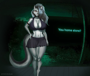 abs anthro big_breasts biped bottomwear breasts clothed clothed_anthro clothed_female clothing female female_anthro front_view hair long_hair looking_at_viewer nails night outside pose red_sclera skirt solo tail text sunstripe hellaverse helluva_boss no_i'm_not_a_human loona_(helluva_boss) canid canine canis mammal wolf absurd_res artist_name dark_theme digital_media_(artwork) digital_painting_(artwork) english_text full-length_portrait green_theme hi_res painting_(artwork) portrait shaded soft_shading