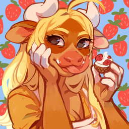 anthro blonde_hair brown_body brown_eyes brown_fur clothed clothing dairy_products eating eyelashes female female_anthro food front_view fur glistening glistening_eyes hair holding_food holding_object horn long_hair long_tongue orange_body orange_fur pattern_background simple_background solo tongue topwear whipped_cream white_clothing white_horn white_topwear corzh77 bovid bovine cattle mammal 1:1 absurd_res bust_portrait hi_res portrait