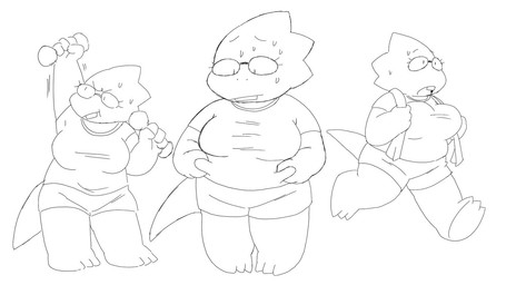 anthro belly_grab bodily_fluids exercise eyewear female glasses running shortstack shortstack_female slightly_chubby slightly_chubby_female solo sweat towel towel_around_neck weight_conscious weightlifting weights workout alpi undertale undertale_(series) alphys lizard reptile scalie 2019 archived_source monochrome