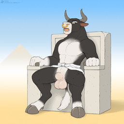 animal_genitalia anthro balls black_body black_fur chair facial_piercing fur furniture genitals hooves horn humanoid_hands male nose_piercing nose_ring piercing ring_piercing septum_piercing septum_ring sheath sitting solo teeth throne tongue white_body white_fur jishinu bovid bovine cattle mammal 1:1 2025 hi_res
