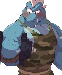 anthro biceps blue_body blush breath clothing exercise male muscular muscular_anthro muscular_male panting pecs shirt solo tank_top teeth topwear weightlifting workout yoshizaurusu_n donkey_kong_(series) nintendo krusha crocodilian reptile scalie hi_res