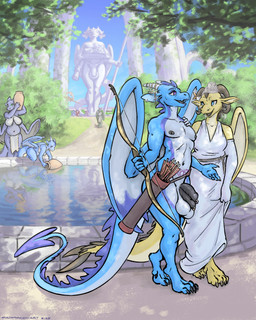 2_penises 4_toes 5_fingers anthro armwear arrow_(weapon) balls barefoot big_balls big_butt big_penis black_penis blue_body blue_eyes blue_scales bottomwear bovid_horn bow_(weapon) butt caprine_horn casual_nudity claws clay_pot clothed clothed/nude clothing dewclaw digitigrade diphallism dress duo ear_piercing elbow_gloves eye_contact facial_piercing feet female fingers genital_piercing genitals gloves greenery hand_on_shoulder handwear horn horn_jewelry huge_balls jewelry lipstick loincloth looking_at_another makeup male male/female membrane_(anatomy) membranous_wings multi_genitalia multi_penis navel nipple_piercing nipples nose_piercing nostril_piercing nude only_one_nude outdoor_nudity penis penis_piercing piercing plant prince_albert_piercing public public_nudity purple_eyes quiver_(object) ram_horn ranged_weapon reflection scales sculpture statue thick_thighs toe_claws toes tree veil vertical_diphallism water weapon white_body white_scales wings womb_tattoo yellow_body yellow_scales s-q european_mythology mythology altrue heliana_(altrue) dragon mythological_creature mythological_scalie scalie western_dragon 4:5 absurd_res hi_res