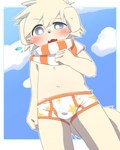 5_fingers anthro balls_outline blush bodily_fluids border bulge clothing cloud detailed_bulge embarrassed fangs fingers fist fur genital_outline hair kemono looking_at_viewer male navel one_eye_half-closed open_mouth penis_outline scarf sky solo sweat tail teeth underwear white_body white_border white_clothing white_fur white_hair white_underwear young young_anthro young_male kemoizumi bandai_namco summon_night panashe_(summon_night) canid canine canis domestic_dog mammal hi_res japanese_description translated_description