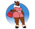 anthro antlers big_butt blue_eyes bottomwear breasts brown_body brown_fur butt clothing female fur handbag holding_object hooves horn looking_at_viewer nails no_pupils one_eye_closed pink_clothing shirt shorts solo standing thick_thighs tongue tongue_out topwear white_body white_fur wink winking_at_viewer ash_the_skunk deer mammal new_world_deer reindeer 6:5 absurd_res hi_res