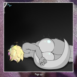 anthro big_butt blonde_hair bodily_fluids butt claws cum cum_drip dripping fur genital_fluids genitals grey_body grey_ears grey_fur grey_tail hair highlights_(coloring) lying male multicolored_hair nude on_side otter_tail pink_hair rear_view side_view solo tail tears teeth text thick_thighs tongue two_tone_hair two_tone_tail white_claws young young_anthro young_male dasherslash andy_(dasherslash) mammal mustelid otter 1:1 2026 comic digital_media_(artwork) hi_res