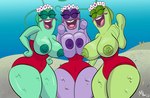 anthro areola barbel_(anatomy) big_breasts breasts clothed clothing eyes_closed female flower flower_cloud_(spongebob) flower_crown goo_lagoon green_areola green_body green_nipples green_scales group huge_breasts nipples non-mammal_breasts non-mammal_nipples one-piece_swimsuit open_mouth plant purple_areola purple_body purple_nipples purple_scales red_clothing red_swimwear scales small_waist swimwear thick_thighs topless trio white_flower wide_hips ameizinglewds nickelodeon spongebob_squarepants showgirl_fish_(spongebob) fish marine hi_res