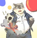 anthro balloon belly birthday_gift blush bone eyebrows facial_scar fur grey_body grey_fur inflatable male overweight scar solo thick_eyebrows komu_san8 lifewonders tokyo_afterschool_summoners moritaka_(tas) canid canine canis domestic_dog mammal hi_res