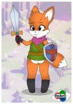 ambiguous_gender anthro border clothing countershading gloves handwear holding_object holding_weapon kerchief melee_weapon screencap screencap_background shield shirt solo standing sword topwear tunic weapon white_border foxavril tunic_(video_game) ruin_seeker canid canine fox mammal hi_res