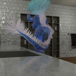 anthro bathroom big_breasts breasts female fluffy fluffy_hair gradient_hair hair long_hair long_tail rear_view solo tail soursteel scalie 3d_(artwork) blender_(artwork) digital_media_(artwork) hi_res unfinished