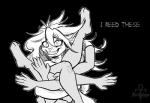 5_fingers black_background creepy_face female fingers fur hair insane long_hair mannequin open_mouth open_smile outline simple_background smile solo text wide_eyed jackalope_(artist) unknown_species english_text monochrome signature