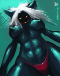 abs anthro belly blue_background breasts clothed clothing creepy dark female glowing glowing_eyes gradient_background hair highlights_(coloring) in_heat looking_down low-angle_view muscular muscular_anthro muscular_female navel night nipples panties perspective simple_background solo teal_background teal_body teal_nipples teal_skin topless underwear white_hair neurodyne menace domestic_cat felid feline felis mammal 2011 4:5 blue_theme