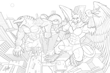 4_toes 5_fingers abs aircraft airplane anthro balls balls_outline beak biceps biped boxer_briefs building building_destruction bulge city city_background city_crushing city_destruction cityscape claws clothed clothing destruction detailed_bulge duo erection erection_under_briefs erection_under_clothing feathered_wings feathers feet finger_claws fingerless_gloves fingers genital_outline genitals gloves handwear house jet landscape_dwarfing macro macro_anthro macro_male male muscular muscular_anthro muscular_male nude open_mouth outside paws pecs penis penis_outline rampage sky smile stomping tail toe_claws toes underwear vehicle vehicle_destruction wings growingdragon mythology carnak_(carpo) carpo avian crocodile crocodilian gryphon mythological_avian mythological_creature reptile scalie 3:2 hi_res monochrome