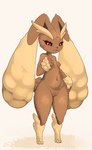 anthro areola black_sclera breasts brown_areola brown_nipples female genitals long_ears nipples nude paws pussy red_eyes simple_background small_breasts solo standing psychostars nintendo pokemon generation_4_pokemon lagomorph lopunny mammal pokemon_(species) absurd_res hi_res