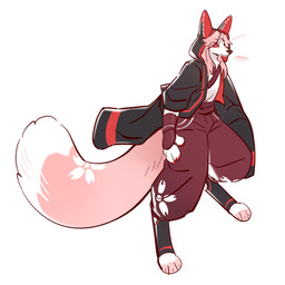 anthro barefoot black_clothing black_nose black_topwear bottomwear clothed clothing feet fur glistening glistening_eyes hair long_hair male mouth_closed pants pink_body pink_fur pink_hair red_bottomwear red_clothing red_eyes red_pants red_topwear simple_background solo standing three-quarter_view topwear unsigned white_background white_body white_clothing white_fur white_topwear asnnonaka kitsugawa_sakura canid canine fox mammal 1:1 digital_media_(artwork) full-length_portrait hi_res portrait nonbinary_(lore)