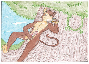 5_fingers 5_toes anthro balls banana biped brown_body brown_eyes brown_fur circumcised cloud day detailed_background eating erection eyebrows feet fingers food fruit fur genitals half-closed_eyes holding_food holding_object holding_penis humanoid_genitalia humanoid_penis in_tree inner_ear_fluff leaf leaning leaning_backward male masturbation multicolored_body multicolored_fur narrowed_eyes nude outside penile penile_masturbation penis pink_penis plant sky solo tan_body tan_fur toes tree tuft two_tone_body two_tone_fur vines dashthefox simian_(character) haplorhine mammal monkey primate 2015 signature traditional_media_(artwork)