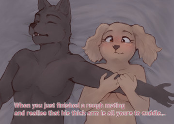 4_fingers after_sex anthro black_nose breasts duo eyes_closed fangs female fingers fur grey_body grey_fur holding_another holding_another's_arm holding_arm humanoid_hands lying male male/female nude nude_anthro nude_female nude_male on_back sleeping tan_body tan_fur teeth text bfkitsu1550 unnamed_spaniel_(bfkitsu1550) bird_dog canid canine canis domestic_dog hunting_dog mammal spaniel wolf english_text hi_res
