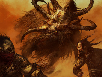 ambiguous_gender charging feral fleeing front_view group horn looking_at_viewer looking_back male quadruped running solo_focus dave_kendall hasbro magic:_the_gathering wizards_of_the_coast human humanoid mammal monster orc official_art restricted_palette