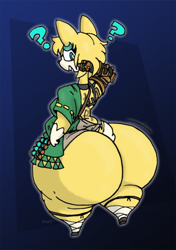anthro big_butt biped black_bra black_choker black_clothing black_jewelry black_necklace black_underwear blonde_hair blue_eyes blue_text bottom_heavy bra breasts butt choker clothed clothing cosplay countershade_face countershade_fur countershade_tail countershade_torso countershading ear_piercing ear_ring feet female female_anthro fur gloves_(marking) green_clothing green_ear_ring green_shirt green_topwear green_tunic hair hooves huge_butt jewelry leg_markings legwear love_handles markings master_sword medium_breasts melee_weapon necklace overweight overweight_anthro overweight_female pantsless pantsless_anthro pantsless_female partially_clothed partially_clothed_anthro partially_clothed_female piercing question_mark quiver_(object) ring_piercing scut_tail shirt short_tail small_feet socks_(marking) solo sword tail text topwear tunic underwear weapon white_body white_countershading wide_hipped_anthro wide_hipped_female wide_hips yellow_body yellow_fur blayaden nintendo tears_of_the_kingdom the_legend_of_zelda link sam_(blayaden) catrobis felid feline mammal colored digital_drawing_(artwork) digital_media_(artwork) shaded