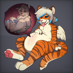abdominal_bulge ambiguous_gender anthro duo male male/ambiguous playful predator/prey stuffing unwilling_prey vore xratedt33th ratchet_and_clank sony_corporation sony_interactive_entertainment jekt_(jekt_the_lombax) felid lombax mammal pantherine tiger 1:1 absurd_res hi_res