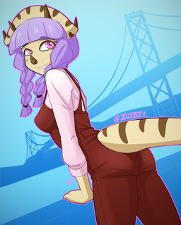 3_horns abstract_background anthro braided_hair breasts clothing eyelashes facial_horn female hair horn long_hair long_sleeves long_tail looking_back multi_horn nose_horn overalls pink_eyes purple_hair red_clothing red_overalls scales smile tail text yellow_body yellow_scales seven_(artist) cavemanon_studios snoot_game lavender_(snoot_game) ceratopsian ceratopsid chasmosaurine dinosaur marginocephalian ornithischian prehistoric_species reptile scalie triceratops 2026 artist_name digital_drawing_(artwork) digital_media_(artwork) hi_res watermark