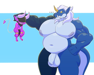 1_horn 2_horns 3_toes 4_fingers 5_fingers annoyed anthro balls bangle belly biceps big_fangs big_muscles big_pecs big_tail black_bottomwear black_clothing black_headkerchief black_kerchief black_loincloth black_neckerchief black_underwear blue_background blue_balls blue_body blue_penis blue_skin bottomwear bracelet claws clothed clothing dangling duo ear_piercing ear_ring ellipsis fangs feet finger_claws fingers flaccid flesh_fang foreskin front_view genitals gold_(metal) gold_jewelry grin hair hand_on_hip headgear headkerchief headwear hidden_eyes horn huge_pecs humanoid_genitalia humanoid_penis humanoid_pointy_ears jewelry kerchief larger_male lifting_another loincloth long_tail looking_at_another male musclegut muscular neckerchief neckwear nipples nude oni_horn pecs penis piercing pointy_ears purple_body purple_horn purple_nipples purple_skin ring_piercing sharp_teeth simple_background size_difference smaller_male smile spade_tail standing tail teeth thin_tail toe_claws toes tusks underwear underwear_only unretracted_foreskin wavy_horn white_eyes white_hair yellow_horn yellow_sclera cheese_cake asian_mythology east_asian_mythology japanese_mythology mythology boone_(misterimp) sophymn_(character) aquatic cetacean demon dolphin humanoid hybrid imp mammal oceanic_dolphin oni orca toothed_whale yokai 2026 5:4 digital_media_(artwork) hi_res