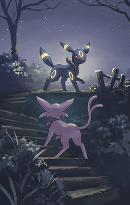 ambiguous_gender black_body butt duo fence feral forked_tail fur glowing glowing_markings grass looking_back markings night paws plant purple_body purple_fur raised_leg red_eyes ring_(marking) sky stairs star starry_sky tail tree unusual_anatomy unusual_tail hakkentai_pkdn nintendo pokemon pokemon_mystery_dungeon spike_chunsoft eeveelution espeon generation_2_pokemon pokemon_(species) umbreon 2024 hi_res