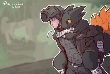 ambiguous_gender armor bandage bandaged_arm bandaged_leg belt black_body black_fur carrying_another clothed clothing duo fully_clothed fur green_eyes headgear helmet hug hugging_another hugging_from_behind male mostly_nude onomatopoeia piggyback scar sound_effects tail text yellow_sclera warjenkins casualties:_unknown thing_(warjenkins) expie_(gunsawian) gunsawian human humanoid mammal 2026 digital_media_(artwork) hi_res signature male_(lore)