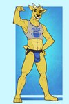 american_football anthro barefoot brown_eyes bulge clothing crop_top detailed_bulge fangs feet fur horn jockstrap male midriff shirt solo sport teeth text text_on_clothing text_on_topwear topwear underwear yellow_body yellow_fur fcsimba dj_strap cervine deer mammal muntjac 2:3 hi_res