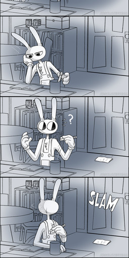 angry anthro clothed clothing door duo female jester letter male overalls paper sitting slamming smile surprised text upset absolutedream glitch_productions the_amazing_digital_circus jax_(tadc) pomni_(tadc) human lagomorph leporid mammal rabbit absurd_res comic english_text hi_res long_image tall_image