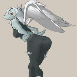 anthro black_bottomwear black_clothing black_crop_top black_pants black_shirt black_topwear blue_body bone_frill bottomwear breasts butt clothed clothed_anthro clothed_female clothing crop_top feathered_wings feathers female frill_(anatomy) grey_body grey_feathers grey_hair hair head_turned long_hair looking_at_viewer looking_back low-angle_view markings medium_breasts non-mammal_breasts pants rear_view shirt short_tail simple_background smile solo standing striped_markings stripes tail tan_background topwear torn_bottomwear torn_clothing torn_pants wings chefelucas_(artist) goodbye_volcano_high ko_op_(game_developer) fang_(gvh) prehistoric_species pterosaur reptile scalie colored hi_res shaded