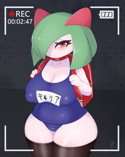 backpack big_breasts blush breasts clothed clothing female huge_breasts legwear looking_at_viewer red_eyes solo swimwear 3cir_cle nintendo pokemon generation_3_pokemon humanoid kirlia pokemon_(species) 2022 absurd_res hi_res