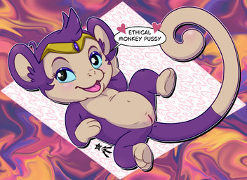 blush featureless_chest female feral flat_chested genitals looking_at_viewer lying on_back purple_body smile solo speech_bubble spread_legs spreading tail text vulva scorpiogustavo shantae_(series) wayforward shantae shantae_(monkey_form) haplorhine mammal monkey primate english_text