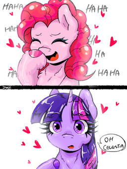 dialogue duo eyelashes female feral fetlocks fluffy heart_symbol horn laugh open_mouth pink_body purple_body purple_eyes simple_background text white_background jupiterrwuz friendship_is_magic hasbro my_little_pony mythology pinkie_pie_(mlp) twilight_sparkle_(mlp) earth_pony equid equine horse mammal mythological_creature mythological_equine pony unicorn 3:4 comic english_text hi_res