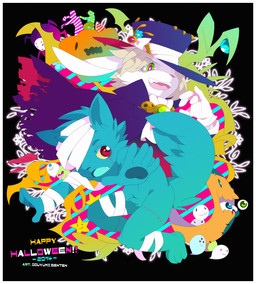 anthro blue_body blue_fur border duo fur holidays magician male mummy_wrappings white_body white_border white_fur oouyuki_benten halloween canid canine canis lagomorph leporid mammal rabbit wolf 2014